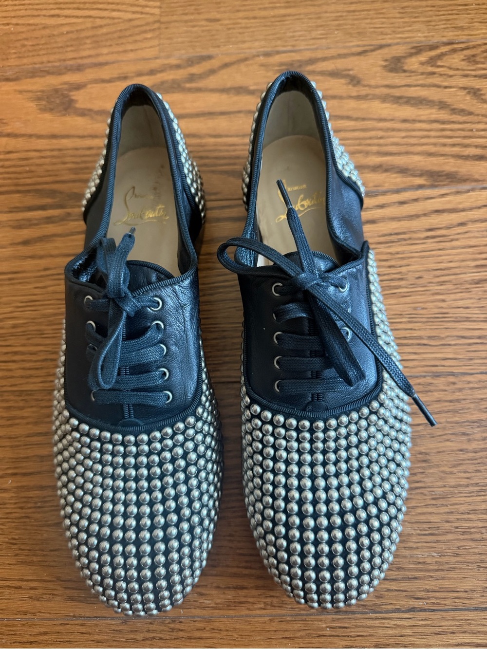 Christian Louboutin Black Leather Studded Lace-Up Flats